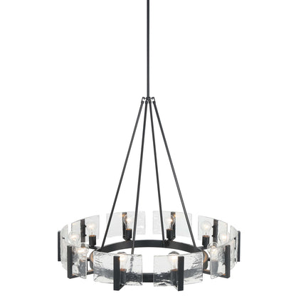 Golden Lighting Aenon 36in 10-Light Chandelier | Rustic Matte Black and Hammered Water Glass | Dining Room & Foyer | Model 3164-10 BLK-HWG