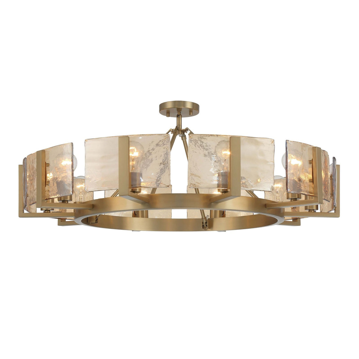 Golden Lighting Aenon 36in 10-Light Semi-Flush Mount | Rustic Brushed Champagne Brass and Amber Water Glass | Dining Room | Model 3164-10SF BCB-AWG