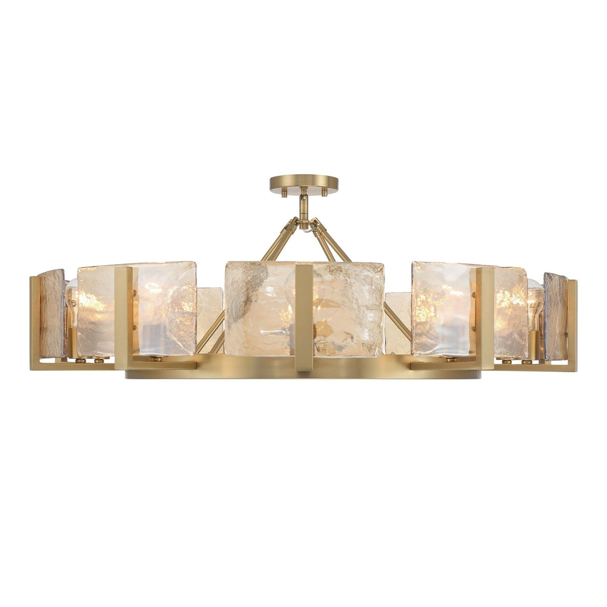 Golden Lighting Aenon 36in 10-Light Semi-Flush Mount | Rustic Brushed Champagne Brass and Amber Water Glass | Dining Room | Model 3164-10SF BCB-AWG