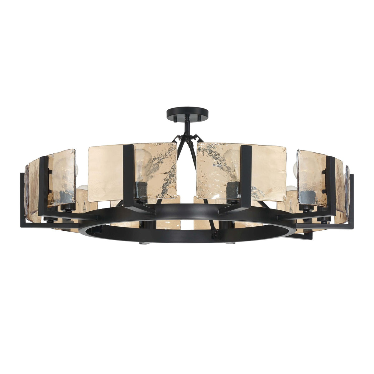 Golden Lighting Aenon 36in 10-Light Semi-Flush Mount | Rustic Matte Black and Amber Water Glass | Dining Room & Foyer | Model 3164-10SF BLK-AWG