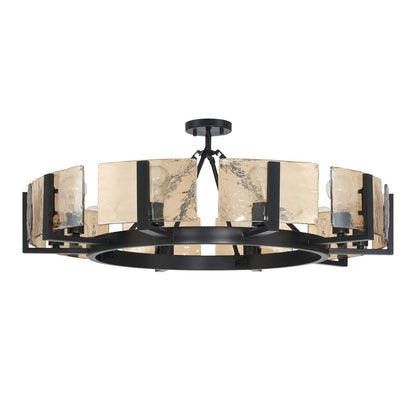 Golden Lighting Aenon 36in 10-Light Semi-Flush Mount | Rustic Matte Black and Amber Water Glass | Dining Room & Foyer | Model 3164-10SF BLK-AWG