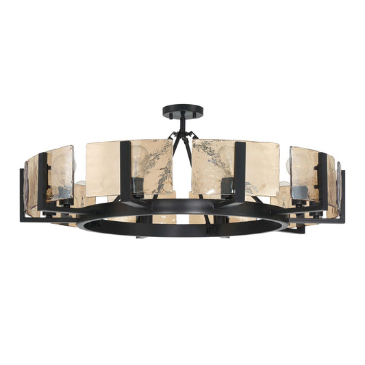 Golden Lighting Aenon 36in 10-Light Semi-Flush Mount | Rustic Matte Black and Amber Water Glass | Dining Room & Foyer | Model 3164-10SF BLK-AWG