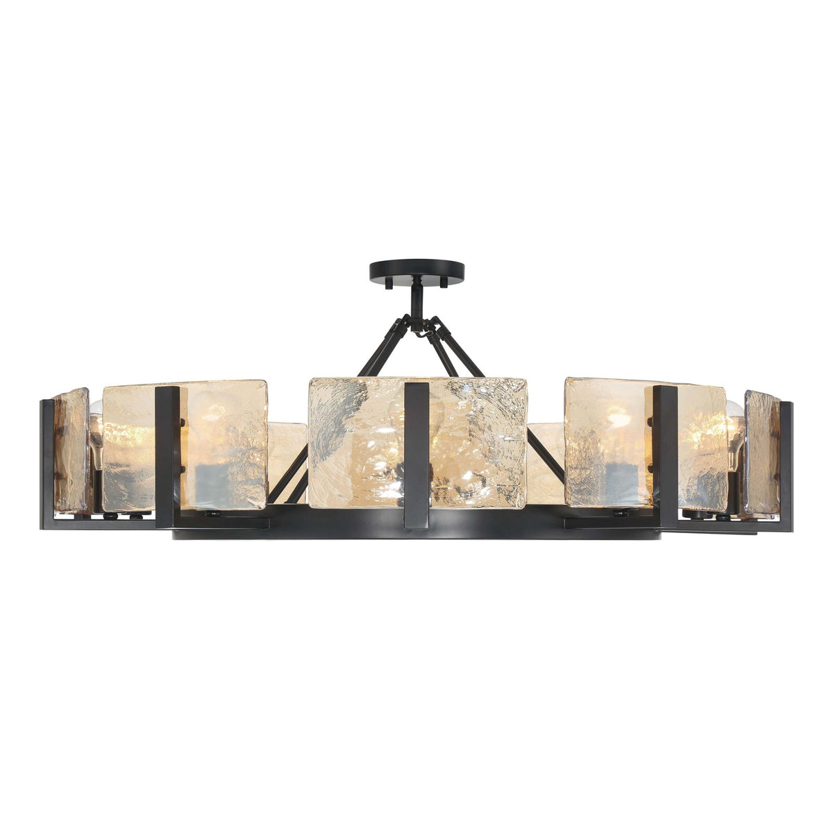 Golden Lighting Aenon 36in 10-Light Semi-Flush Mount | Rustic Matte Black and Amber Water Glass | Dining Room & Foyer | Model 3164-10SF BLK-AWG