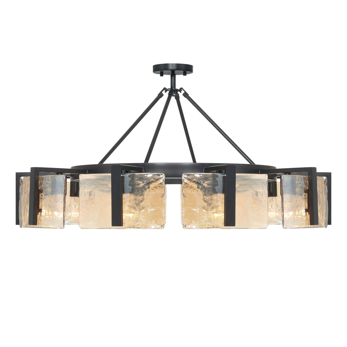 Golden Lighting Aenon 36in 10-Light Semi-Flush Mount | Rustic Matte Black and Amber Water Glass | Dining Room & Foyer | Model 3164-10SF BLK-AWG