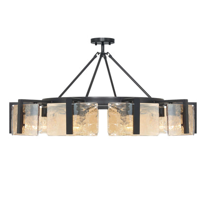 Golden Lighting Aenon 36in 10-Light Semi-Flush Mount | Rustic Matte Black and Amber Water Glass | Dining Room & Foyer | Model 3164-10SF BLK-AWG