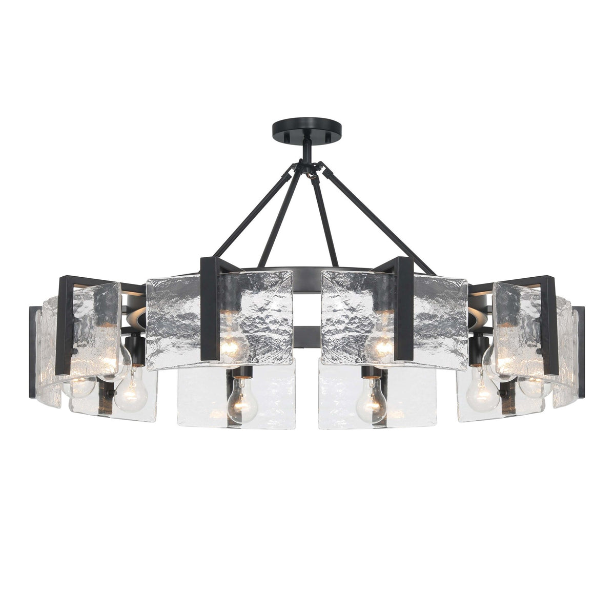 Golden Lighting Aenon 36in 10-Light Semi-Flush Mount | Rustic Matte Black and Hammered Water Glass | Dining Room & Foyer | Model 3164-10SF BLK-HWG