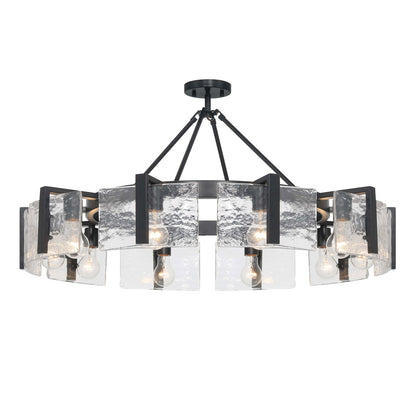 Golden Lighting Aenon 36in 10-Light Semi-Flush Mount | Rustic Matte Black and Hammered Water Glass | Dining Room & Foyer | Model 3164-10SF BLK-HWG