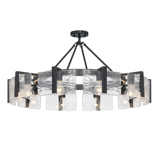 Golden Lighting Aenon 36in 10-Light Semi-Flush Mount | Rustic Matte Black and Hammered Water Glass | Dining Room & Foyer | Model 3164-10SF BLK-HWG