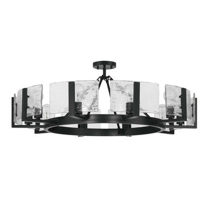 Golden Lighting Aenon 36in 10-Light Semi-Flush Mount | Rustic Matte Black and Hammered Water Glass | Dining Room & Foyer | Model 3164-10SF BLK-HWG