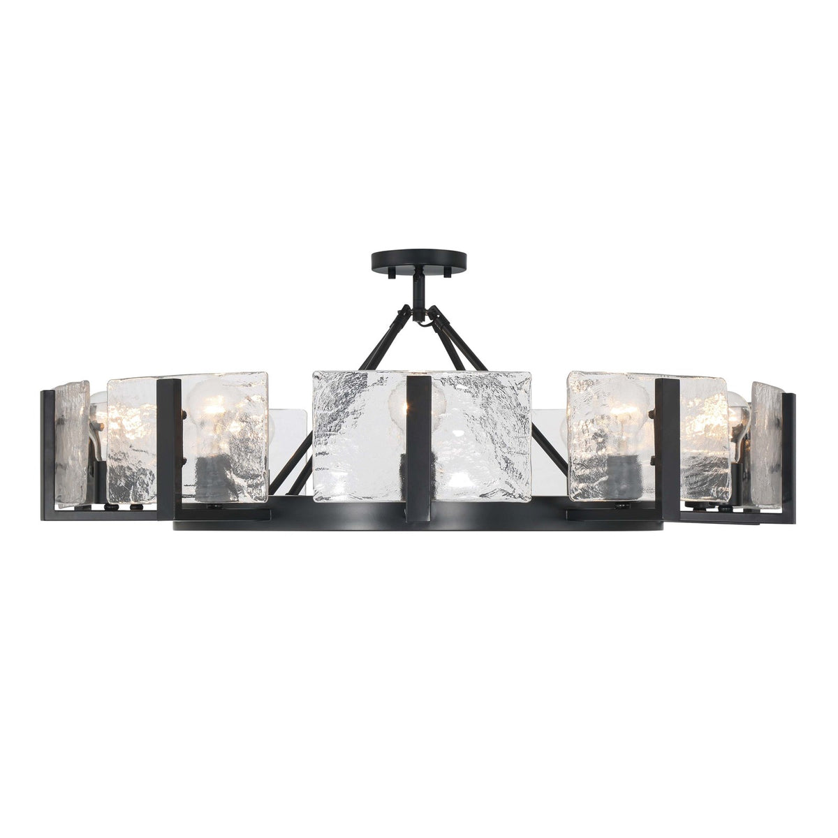 Golden Lighting Aenon 36in 10-Light Semi-Flush Mount | Rustic Matte Black and Hammered Water Glass | Dining Room & Foyer | Model 3164-10SF BLK-HWG