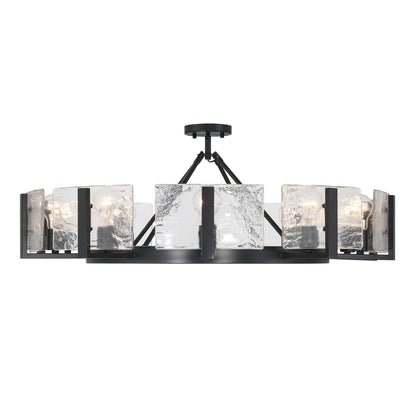 Golden Lighting Aenon 36in 10-Light Semi-Flush Mount | Rustic Matte Black and Hammered Water Glass | Dining Room & Foyer | Model 3164-10SF BLK-HWG