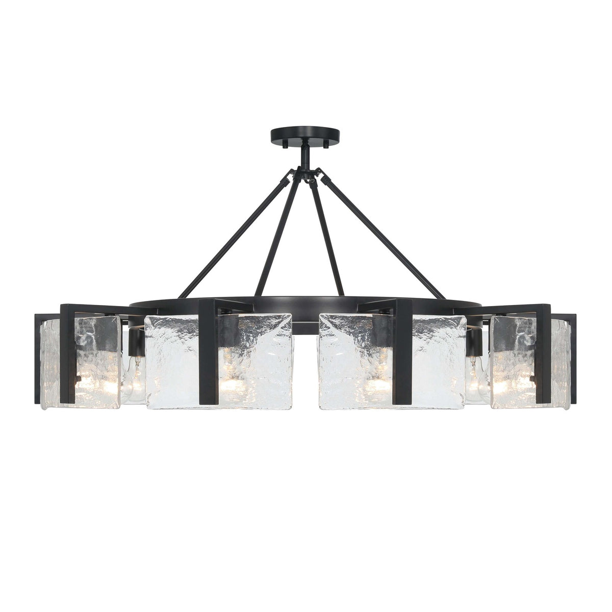 Golden Lighting Aenon 36in 10-Light Semi-Flush Mount | Rustic Matte Black and Hammered Water Glass | Dining Room & Foyer | Model 3164-10SF BLK-HWG