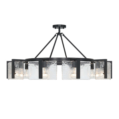 Golden Lighting Aenon 36in 10-Light Semi-Flush Mount | Rustic Matte Black and Hammered Water Glass | Dining Room & Foyer | Model 3164-10SF BLK-HWG