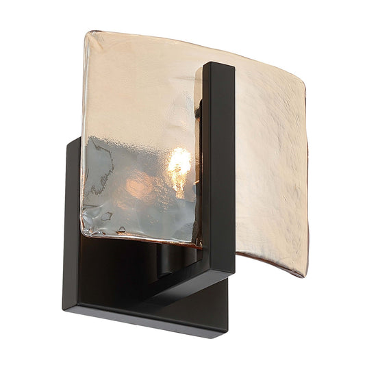 Golden Lighting Aenon 7in 1-Light Wall Sconce | Rustic Matte Black and Amber Water Glass | Bathroom & Hallway | Model 3164-1W BLK-AWG