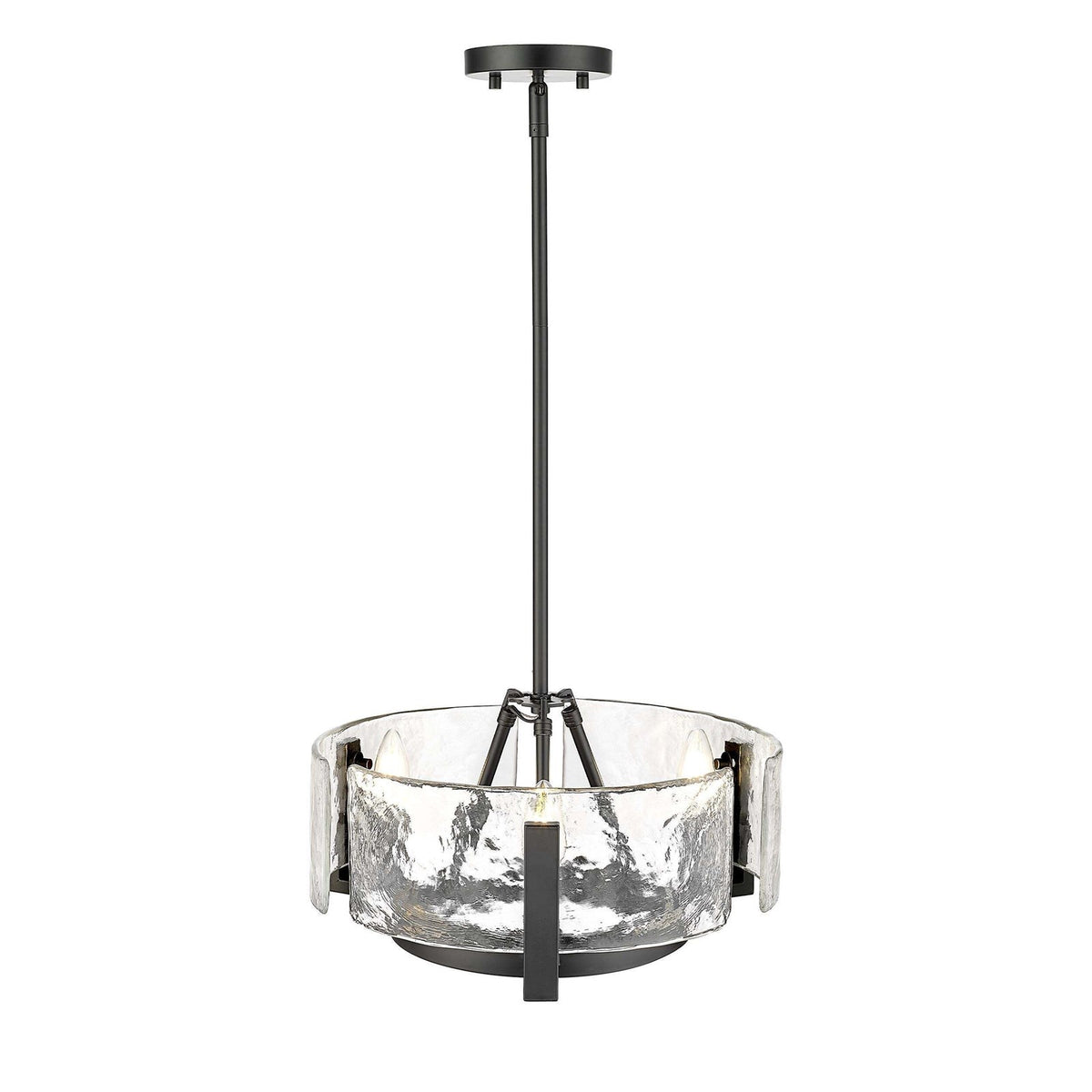 Golden Lighting Aenon 16.5in 3-Light Chandelier | Rustic Matte Black and Clear Hammered Water Glass | Dining Room & Foyer | Model 3164-3 BLK-HWG