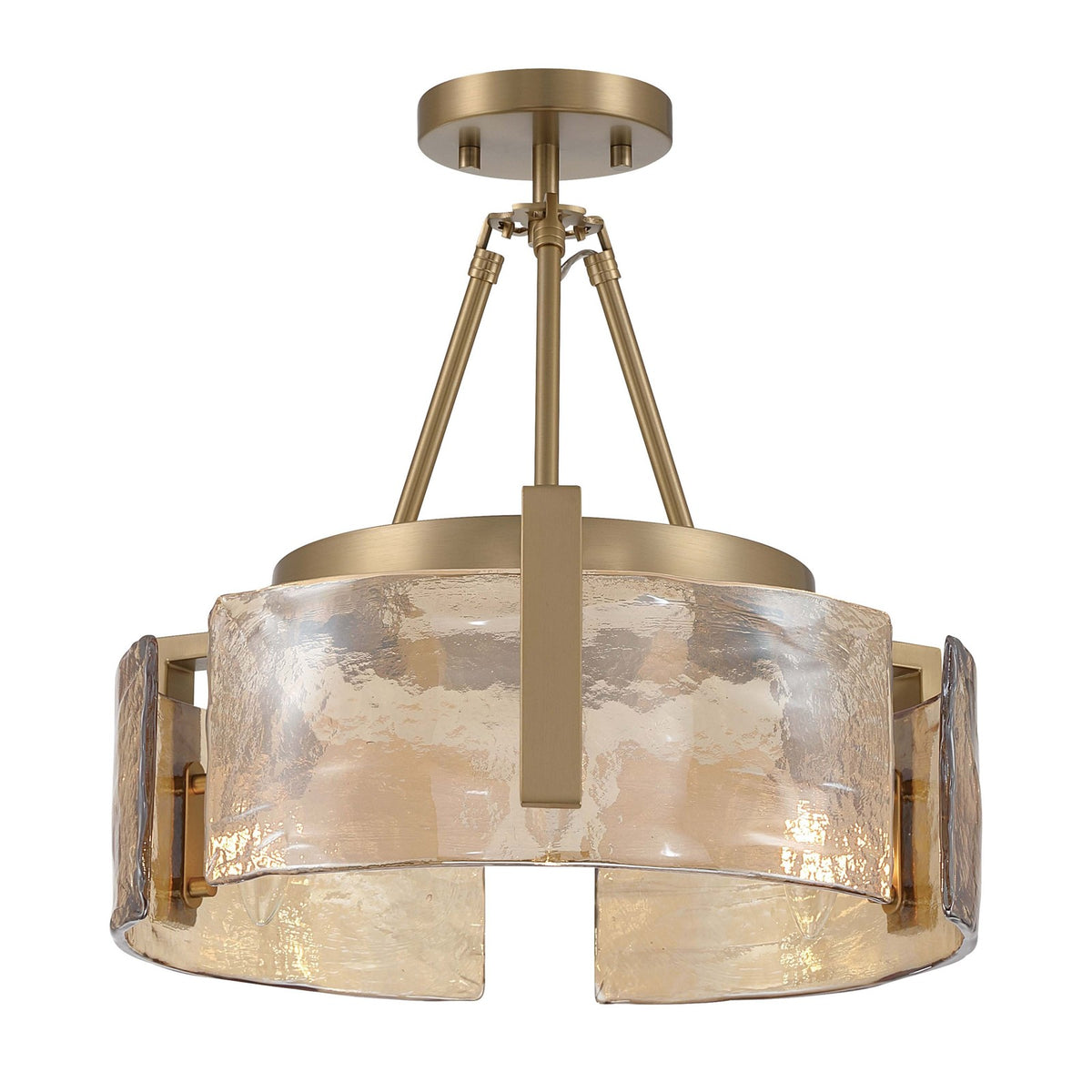 Golden Lighting Aenon 17in 3-Light Semi-Flush Mount | Rustic Brushed Champagne Brass and Amber Water Glass | Entryway | Model 3164-3SF BCB-AWG