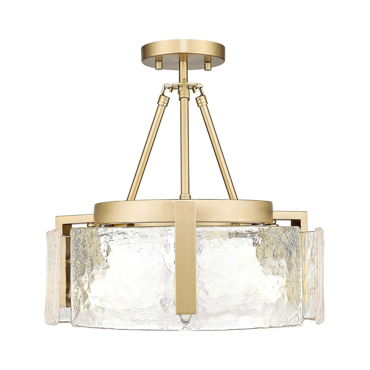 Golden Lighting Aenon 16in 3-Light Semi-Flush Mount | Rustic Brushed Champagne Brass and Hammered Water Glass | Entryway | Model 3164-3SF BCB-HWG