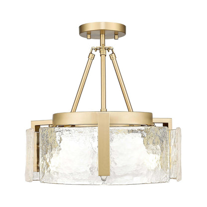 Golden Lighting Aenon 16in 3-Light Semi-Flush Mount | Rustic Brushed Champagne Brass and Hammered Water Glass | Entryway | Model 3164-3SF BCB-HWG