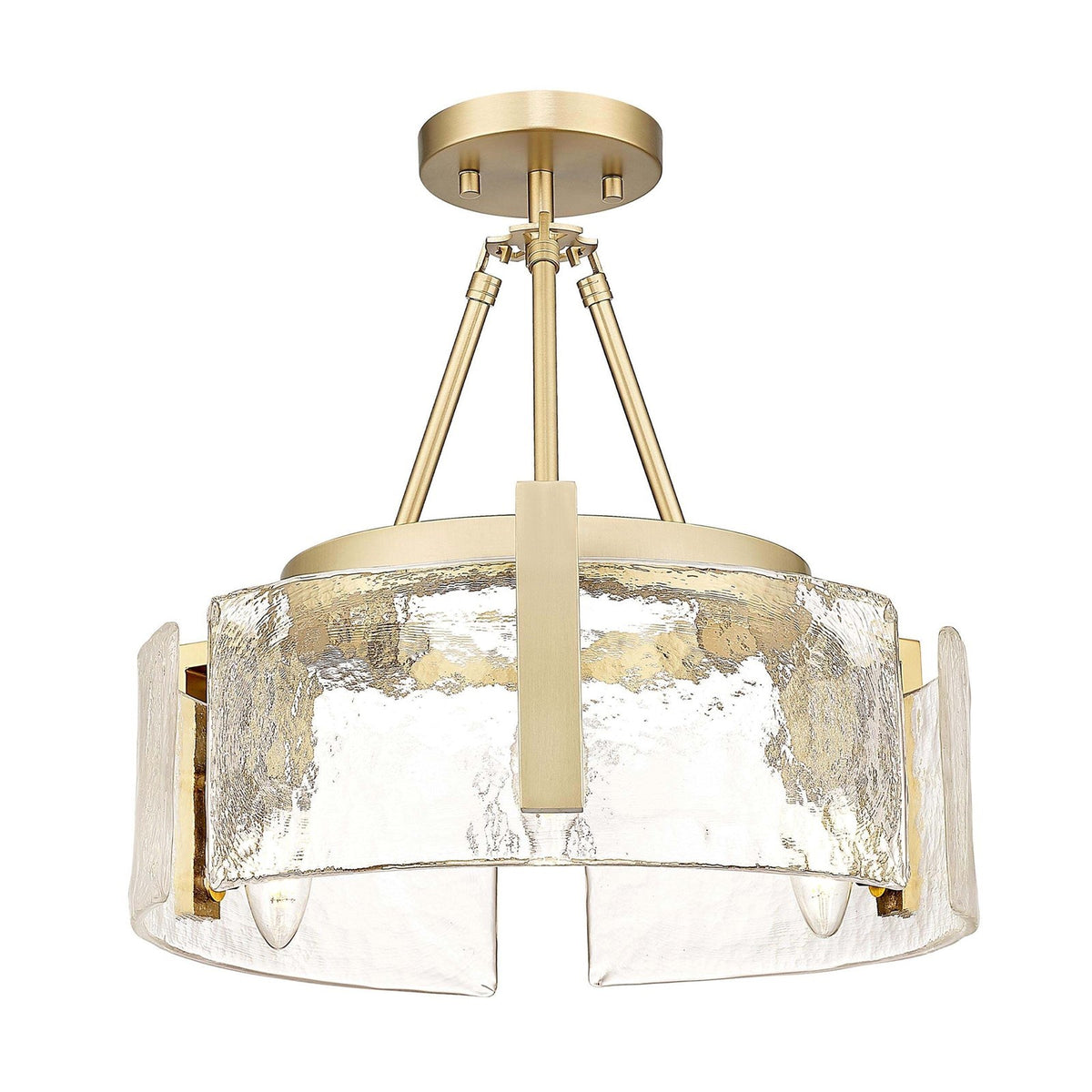 Golden Lighting Aenon 16in 3-Light Semi-Flush Mount | Rustic Brushed Champagne Brass and Hammered Water Glass | Entryway | Model 3164-3SF BCB-HWG