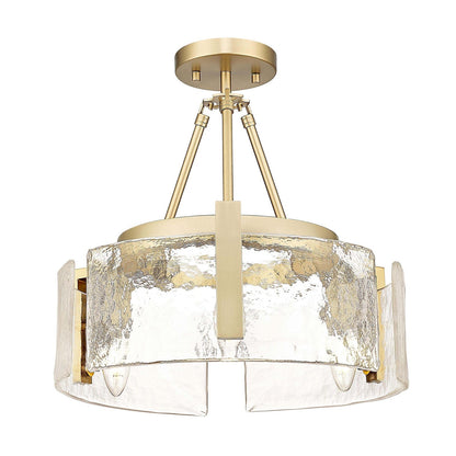 Golden Lighting Aenon 16in 3-Light Semi-Flush Mount | Rustic Brushed Champagne Brass and Hammered Water Glass | Entryway | Model 3164-3SF BCB-HWG