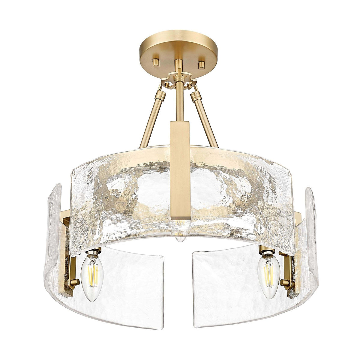 Golden Lighting Aenon 16in 3-Light Semi-Flush Mount | Rustic Brushed Champagne Brass and Hammered Water Glass | Entryway | Model 3164-3SF BCB-HWG