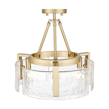 Golden Lighting Aenon 16in 3-Light Semi-Flush Mount | Rustic Brushed Champagne Brass and Hammered Water Glass | Entryway | Model 3164-3SF BCB-HWG