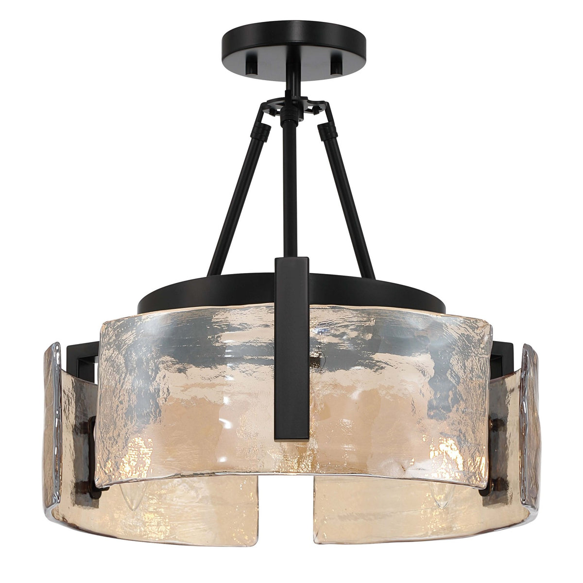 Golden Lighting Aenon 16in 3-Light Semi-Flush Mount | Rustic Matte Black and Amber Water Glass | Entryway & Kitchen | Model 3164-3SF BLK-AWG