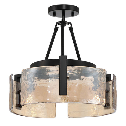 Golden Lighting Aenon 16in 3-Light Semi-Flush Mount | Rustic Matte Black and Amber Water Glass | Entryway & Kitchen | Model 3164-3SF BLK-AWG