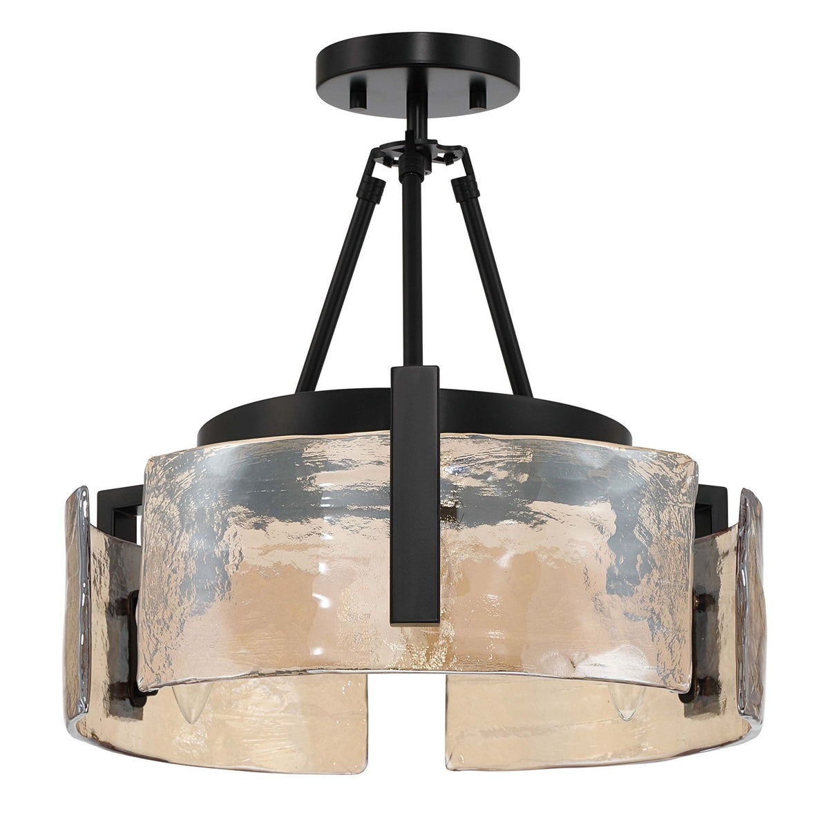 Golden Lighting Aenon 16in 3-Light Semi-Flush Mount | Rustic Matte Black and Amber Water Glass | Entryway & Kitchen | Model 3164-3SF BLK-AWG