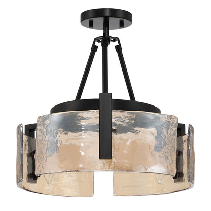 Golden Lighting Aenon 16in 3-Light Semi-Flush Mount | Rustic Matte Black and Amber Water Glass | Entryway & Kitchen | Model 3164-3SF BLK-AWG