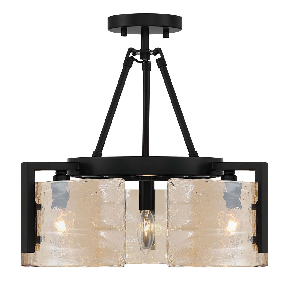 Golden Lighting Aenon 16in 3-Light Semi-Flush Mount | Rustic Matte Black and Amber Water Glass | Entryway & Kitchen | Model 3164-3SF BLK-AWG