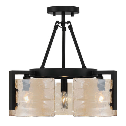 Golden Lighting Aenon 16in 3-Light Semi-Flush Mount | Rustic Matte Black and Amber Water Glass | Entryway & Kitchen | Model 3164-3SF BLK-AWG