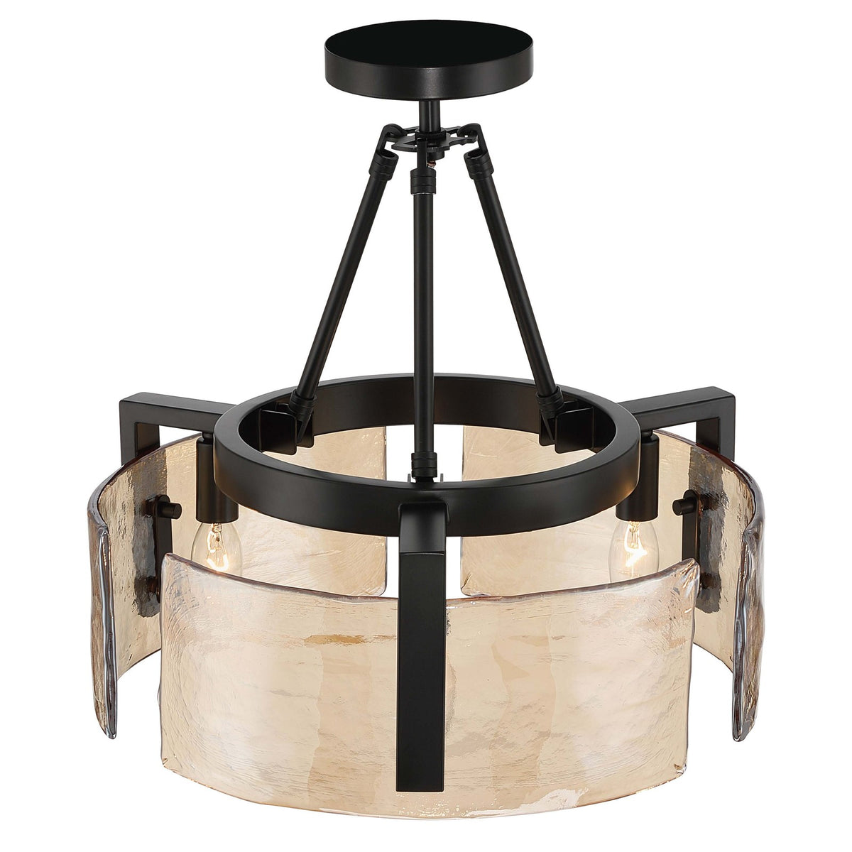 Golden Lighting Aenon 16in 3-Light Semi-Flush Mount | Rustic Matte Black and Amber Water Glass | Entryway & Kitchen | Model 3164-3SF BLK-AWG