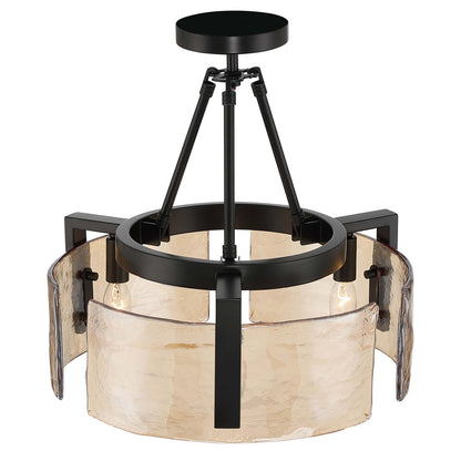 Golden Lighting Aenon 16in 3-Light Semi-Flush Mount | Rustic Matte Black and Amber Water Glass | Entryway & Kitchen | Model 3164-3SF BLK-AWG