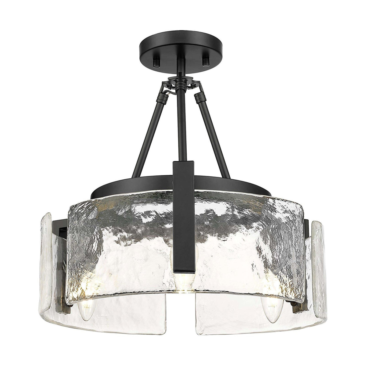 Golden Lighting Aenon 16.5in 3-Light Semi-Flush Mount | Rustic Matte Black and Hammered Water Glass | Entryway & Kitchen | Model 3164-3SF BLK-HWG