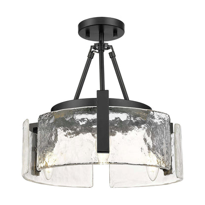 Golden Lighting Aenon 16.5in 3-Light Semi-Flush Mount | Rustic Matte Black and Hammered Water Glass | Entryway & Kitchen | Model 3164-3SF BLK-HWG