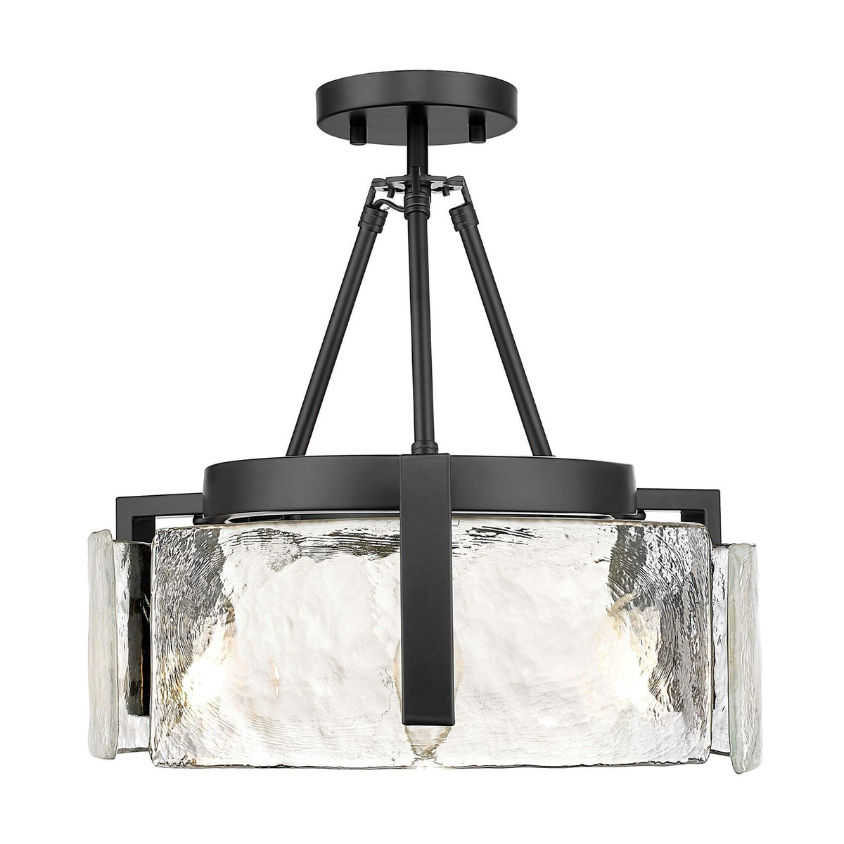 Golden Lighting Aenon 16.5in 3-Light Semi-Flush Mount | Rustic Matte Black and Hammered Water Glass | Entryway & Kitchen | Model 3164-3SF BLK-HWG