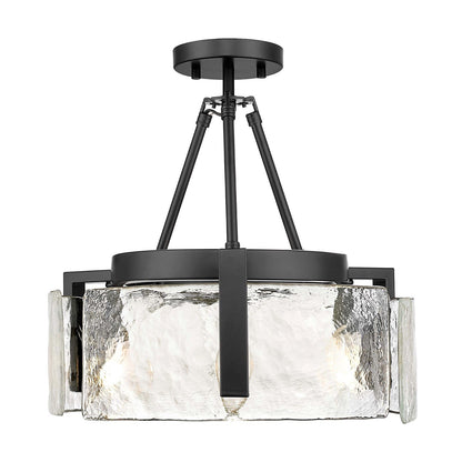 Golden Lighting Aenon 16.5in 3-Light Semi-Flush Mount | Rustic Matte Black and Hammered Water Glass | Entryway & Kitchen | Model 3164-3SF BLK-HWG
