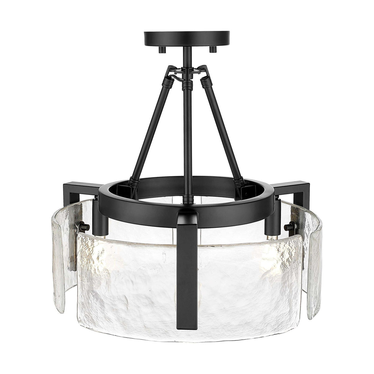 Golden Lighting Aenon 16.5in 3-Light Semi-Flush Mount | Rustic Matte Black and Hammered Water Glass | Entryway & Kitchen | Model 3164-3SF BLK-HWG