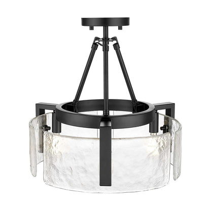 Golden Lighting Aenon 16.5in 3-Light Semi-Flush Mount | Rustic Matte Black and Hammered Water Glass | Entryway & Kitchen | Model 3164-3SF BLK-HWG