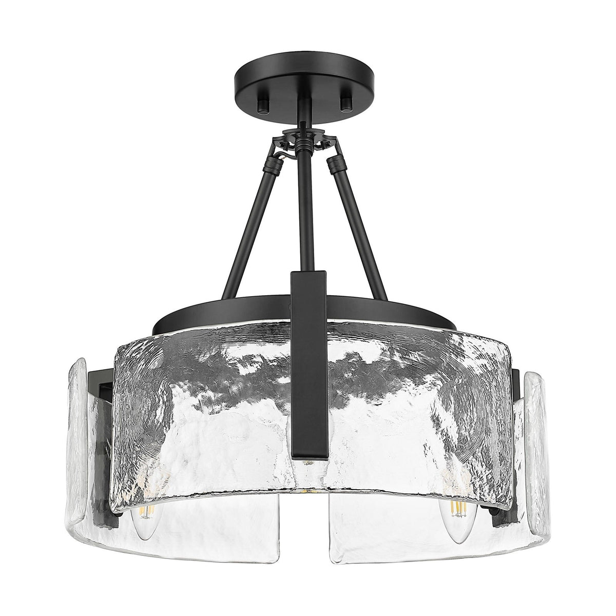 Golden Lighting Aenon 16.5in 3-Light Semi-Flush Mount | Rustic Matte Black and Hammered Water Glass | Entryway & Kitchen | Model 3164-3SF BLK-HWG