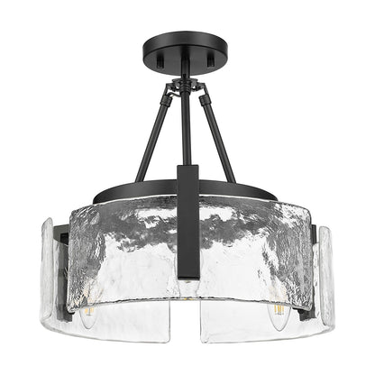 Golden Lighting Aenon 16.5in 3-Light Semi-Flush Mount | Rustic Matte Black and Hammered Water Glass | Entryway & Kitchen | Model 3164-3SF BLK-HWG