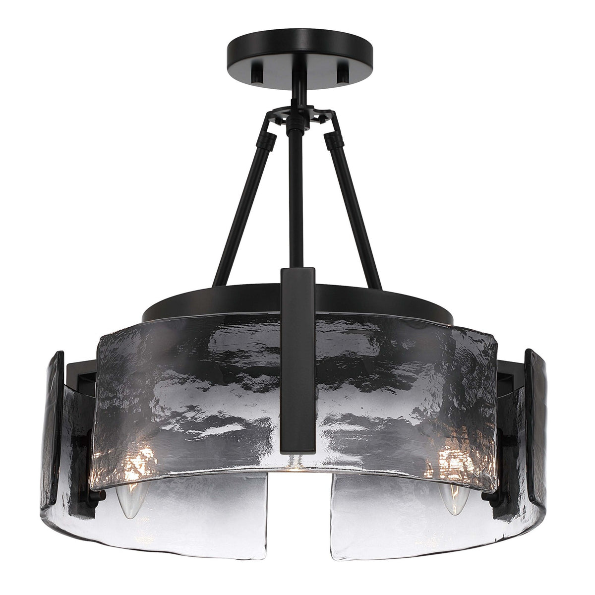 Golden Lighting Aenon 16in 3-Light Semi-Flush Mount | Rustic Matte Black and Smoky Water Glass | Entryway & Foyer | Model 3164-3SF BLK-SWG