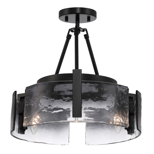 Golden Lighting Aenon 16in 3-Light Semi-Flush Mount | Rustic Matte Black and Smoky Water Glass | Entryway & Foyer | Model 3164-3SF BLK-SWG