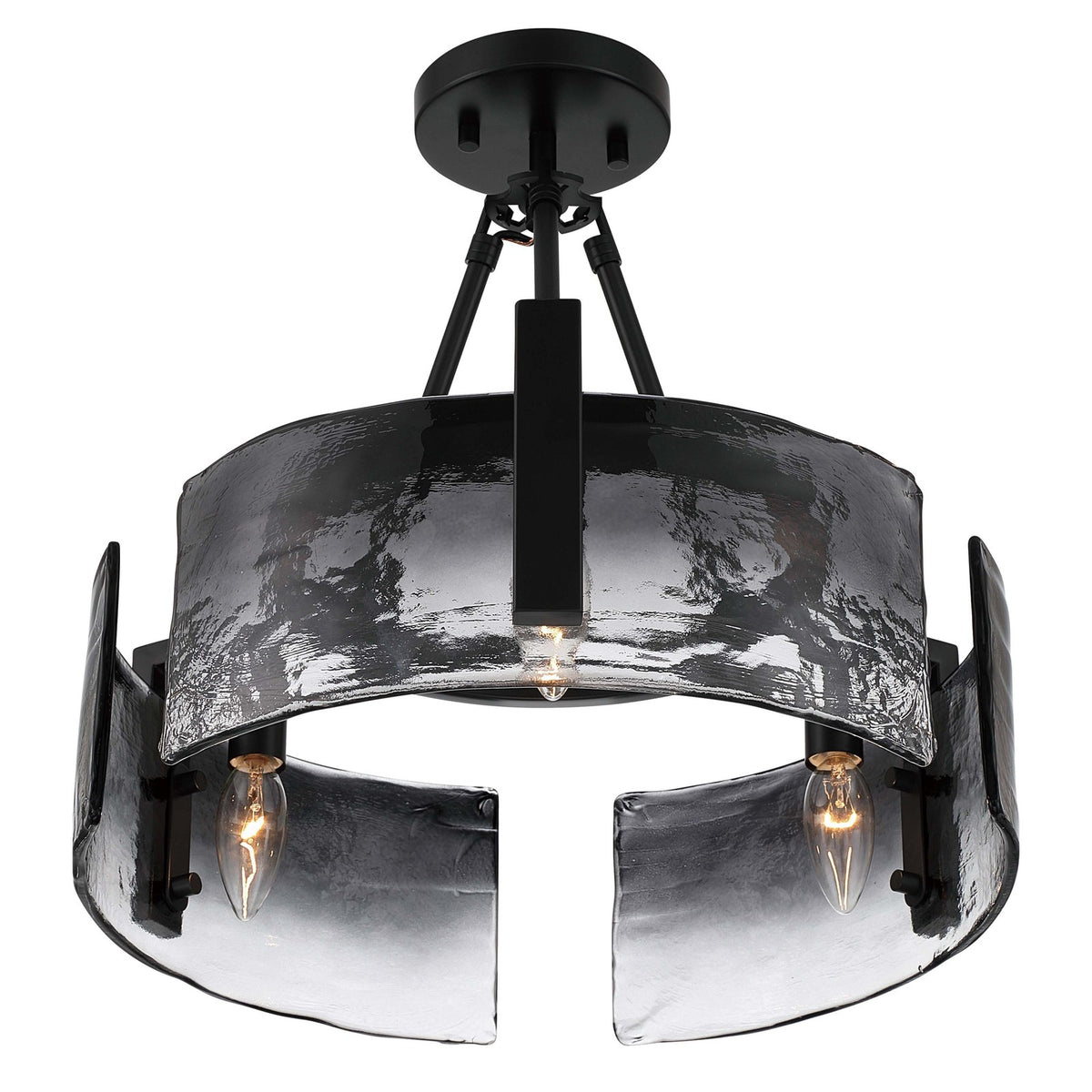 Golden Lighting Aenon 16in 3-Light Semi-Flush Mount | Rustic Matte Black and Smoky Water Glass | Entryway & Foyer | Model 3164-3SF BLK-SWG