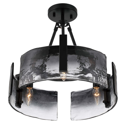 Golden Lighting Aenon 16in 3-Light Semi-Flush Mount | Rustic Matte Black and Smoky Water Glass | Entryway & Foyer | Model 3164-3SF BLK-SWG