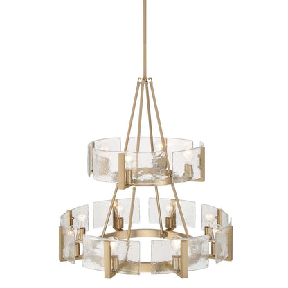 Golden Lighting Aenon 32in 12-Light Chandelier | Rustic Brushed Champagne Brass and Hammered Water Glass | Dining Room | Model 3164-4-8 BCB-HWG
