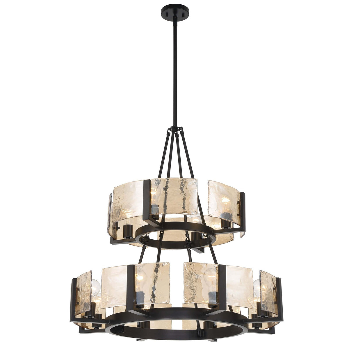 Golden Lighting Aenon 32in 12-Light Chandelier | Rustic Matte Black and Amber Water Glass | Dining Room & Foyer | Model 3164-4-8 BLK-AWG
