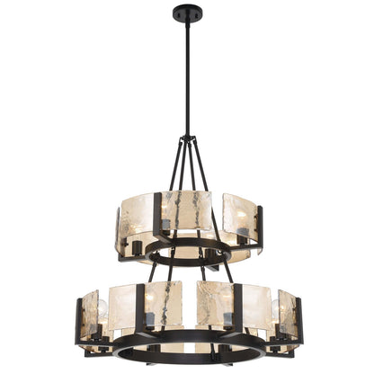Golden Lighting Aenon 32in 12-Light Chandelier | Rustic Matte Black and Amber Water Glass | Dining Room & Foyer | Model 3164-4-8 BLK-AWG