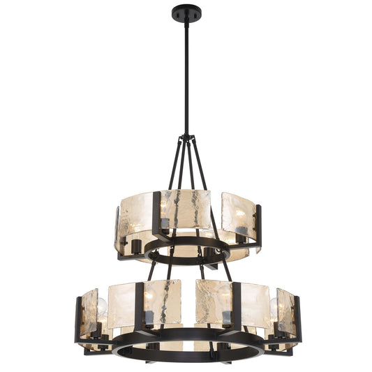 Golden Lighting Aenon 32in 12-Light Chandelier | Rustic Matte Black and Amber Water Glass | Dining Room & Foyer | Model 3164-4-8 BLK-AWG